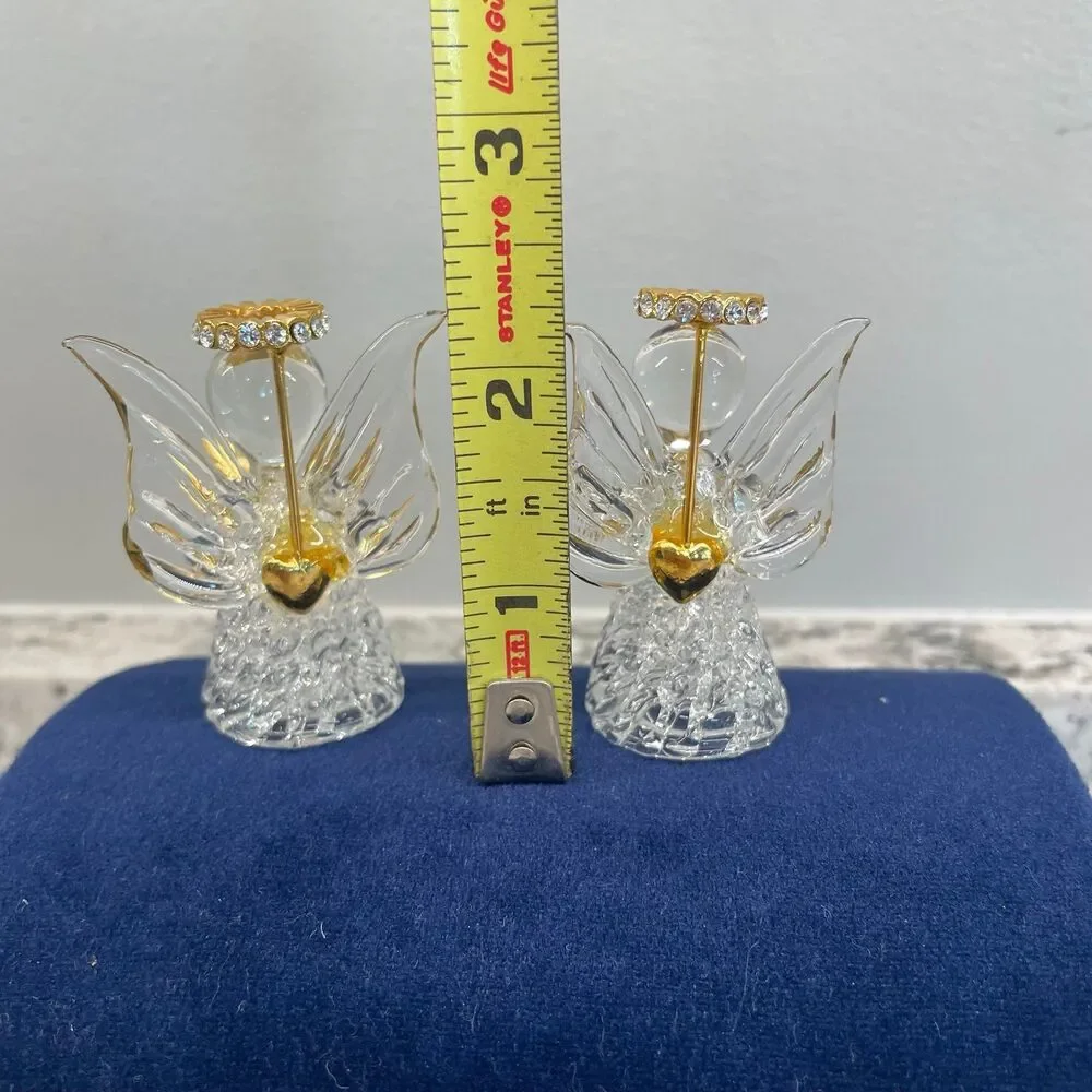 Vtg Hand Spun Glass Angels 18K Gold Swarovski Crystal Blue Velvet Music Box